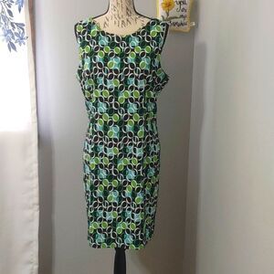 Retro! Dressbarn Geometric Sheath Sleeveless Dress Lime Green Aqua Blue Sz 16